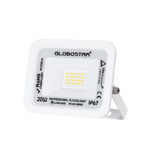 GloboStar® GloboStar® ATLAS 61408 Επαγγελματικός Προβολέας LED 20W 2400lm 120° AC 220-240V - Αδιάβροχος IP67 - Μ12 x Π2.5 x Υ9.5cm - Λευκό - Φυσικό Λευκό 4500K - LUMILEDS Chips - TÜV Rheinland Certified - 5 Years Warranty