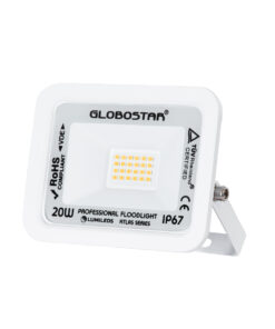 GloboStar® GloboStar® ATLAS 61409 Επαγγελματικός Προβολέας LED 20W 2300lm 120° AC 220-240V - Αδιάβροχος IP67 - Μ12 x Π2.5 x Υ9.5cm - Λευκό - Θερμό Λευκό 2700K - LUMILEDS Chips - TÜV Rheinland Certified - 5 Years Warranty