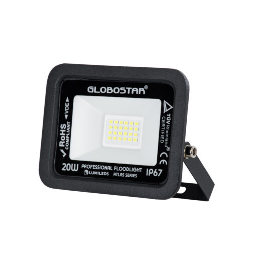GloboStar® GloboStar® ATLAS 61410 Επαγγελματικός Προβολέας LED 20W 2500lm 120° AC 220-240V - Αδιάβροχος IP67 - Μ12 x Π2.5 x Υ9.5cm - Μαύρο - Ψυχρό Λευκό 6000K - LUMILEDS Chips - TÜV Rheinland Certified - 5 Years Warranty