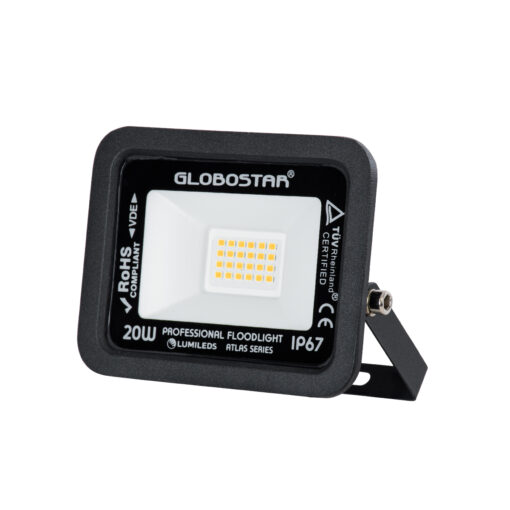 GloboStar® GloboStar® ATLAS 61412 Επαγγελματικός Προβολέας LED 20W 2300lm 120° AC 220-240V - Αδιάβροχος IP67 - Μ12 x Π2.5 x Υ9.5cm - Μαύρο - Θερμό Λευκό 2700K - LUMILEDS Chips - TÜV Rheinland Certified - 5 Years Warranty