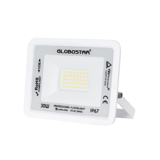 GloboStar® GloboStar® ATLAS 61414 Επαγγελματικός Προβολέας LED 30W 3600lm 120° AC 220-240V - Αδιάβροχος IP67 - Μ16 x Π2.5 x Υ12.5cm - Λευκό - Φυσικό Λευκό 4500K - LUMILEDS Chips - TÜV Rheinland Certified - 5 Years Warranty