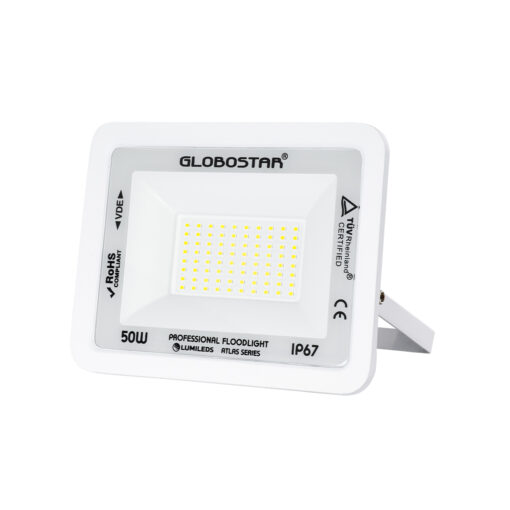 GloboStar® GloboStar® ATLAS 61419 Επαγγελματικός Προβολέας LED 50W 6250lm 120° AC 220-240V - Αδιάβροχος IP67 - Μ21 x Π3.5 x Υ16cm - Λευκό - Ψυχρό Λευκό 6000K - LUMILEDS Chips - TÜV Rheinland Certified - 5 Years Warranty