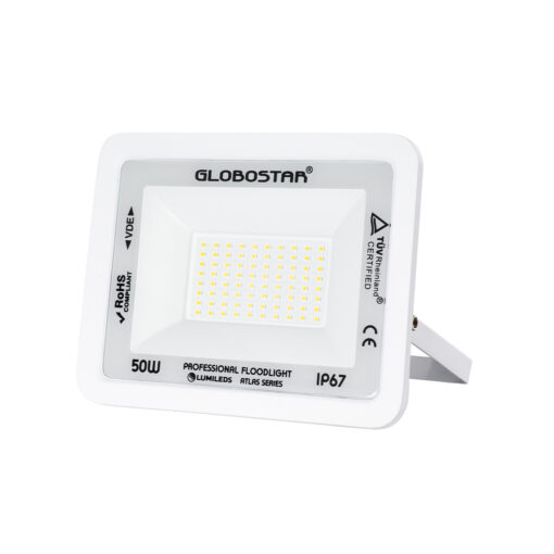 GloboStar® GloboStar® ATLAS 61420 Επαγγελματικός Προβολέας LED 50W 6000lm 120° AC 220-240V - Αδιάβροχος IP67 - Μ21 x Π3.5 x Υ16cm - Λευκό - Φυσικό Λευκό 4500K - LUMILEDS Chips - TÜV Rheinland Certified - 5 Years Warranty