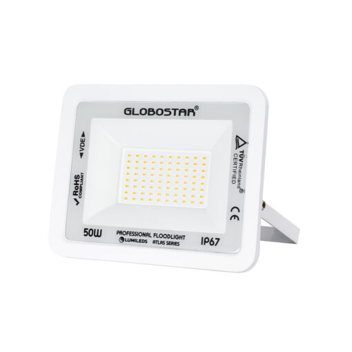 GloboStar® GloboStar® ATLAS 61421 Επαγγελματικός Προβολέας LED 50W 5750lm 120° AC 220-240V - Αδιάβροχος IP67 - Μ21 x Π3.5 x Υ16cm - Λευκό - Θερμό Λευκό 2700K - LUMILEDS Chips - TÜV Rheinland Certified - 5 Years Warranty