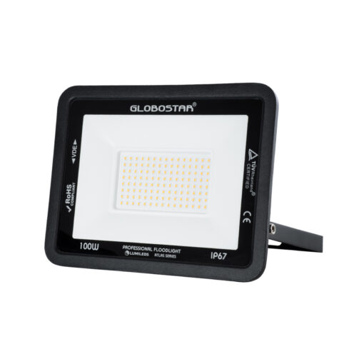 GloboStar® GloboStar® ATLAS 61427 Επαγγελματικός Προβολέας LED 100W 11500lm 120° AC 220-240V - Αδιάβροχος IP67 - Μ27 x Π4 x Υ21cm - Μαύρο - Θερμό Λευκό 2700K - LUMILEDS Chips - TÜV Rheinland Certified - 5 Years Warranty