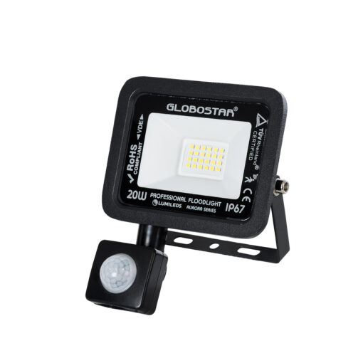 GloboStar® GloboStar® AURORA 61437 Επαγγελματικός Προβολέας LED 20W 2500lm 120° AC 220-240V με Ενσωματωμένο Ρυθμιζόμενο Αισθητήρα Κίνησης PIR - Αδιάβροχος IP67 - Μ12 x Π5 x Υ14.5cm - Μαύρο - Ψυχρό Λευκό 6000K - LUMILEDS Chips - TÜV Rheinland Certified - 3 Years Warranty