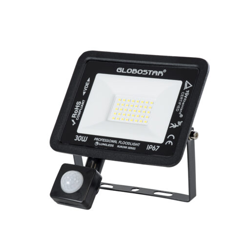 GloboStar® GloboStar® AURORA 61439 Επαγγελματικός Προβολέας LED 30W 3750lm 120° AC 220-240V με Ενσωματωμένο Ρυθμιζόμενο Αισθητήρα Κίνησης PIR - Αδιάβροχος IP67 - Μ16 x Π5 x Υ17.5cm - Μαύρο - Ψυχρό Λευκό 6000K - LUMILEDS Chips - TÜV Rheinland Certified - 3 Years Warranty