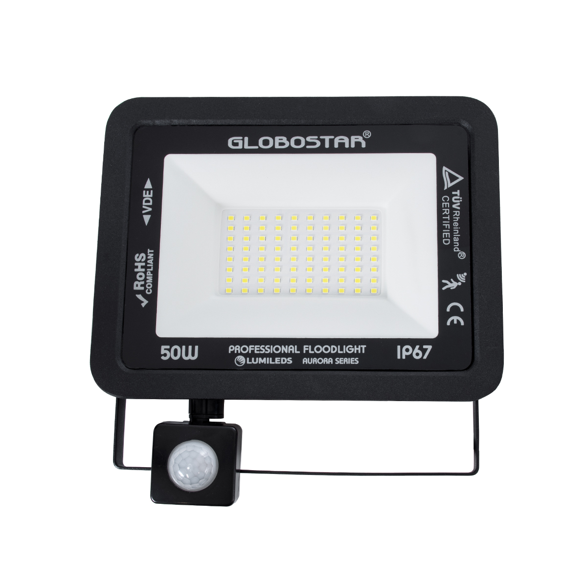 GloboStar® AURORA 61441 Επαγγελματικός Προβολέας LED 50W 6250lm 120° AC 220-240V με Ενσωματωμένο Ρυθμιζόμενο Αισθητήρα Κίνησης PIR - Αδιάβροχος IP67 - Μ21 x Π5 x Υ21cm - Μαύρο - Ψυχρό Λευκό 6000K - LUMILEDS Chips - TÜV Rheinland Certified - 3 Years Warranty 4 GloboStar® AURORA 61441 Επαγγελματικός Προβολέας LED 50W 6250lm 120° AC 220-240V με Ενσωματωμένο Ρυθμιζόμενο Αισθητήρα Κίνησης PIR - Αδιάβροχος IP67 - Μ21 x Π5 x Υ21cm - Μαύρο - Ψυχρό Λευκό 6000K - LUMILEDS Chips - TÜV Rheinland Certified - 3 Years Warranty - Image 2