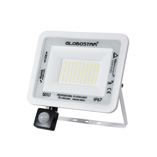 GloboStar® GloboStar® AURORA 61442 Επαγγελματικός Προβολέας LED 50W 6250lm 120° AC 220-240V με Ενσωματωμένο Ρυθμιζόμενο Αισθητήρα Κίνησης PIR - Αδιάβροχος IP67 - Μ21 x Π5 x Υ21cm - Λευκό - Ψυχρό Λευκό 6000K - LUMILEDS Chips - TÜV Rheinland Certified - 3 Years Warranty