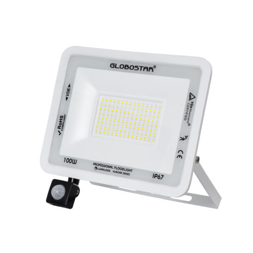 GloboStar® GloboStar® AURORA 61444 Επαγγελματικός Προβολέας LED 100W 12500lm 120° AC 220-240V με Ενσωματωμένο Ρυθμιζόμενο Αισθητήρα Κίνησης PIR - Αδιάβροχος IP67 - Μ25 x Π6.5 x Υ27.5cm - Λευκό - Ψυχρό Λευκό 6000K - LUMILEDS Chips - TÜV Rheinland Certified - 3 Years Warranty