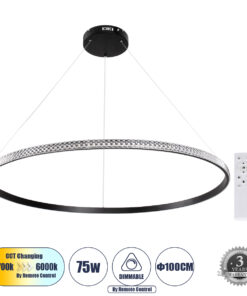 GloboStar® GLOBOSTAR® DIAMOND 61134 Μοντέρνο Κρεμαστό Φωτιστικό Οροφής LED 75W 8743lm 360° AC 220-240V IP20 Ρυθμιζόμενο Λευκό CCT με Χειριστήριο από 2700K έως 6000K Dimmable - Lumileds SMD Chip - Μαύρο - Μ100 x Π100 x Υ3cm - 3 Χρόνια Εγγύηση