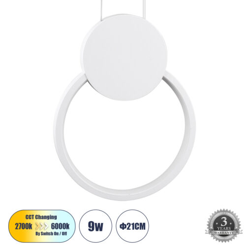 GloboStar® GLOBOSTAR® CYCLOS 61074 Μοντέρνο Κρεμαστό Φωτιστικό Οροφής LED 9W 1080lm 300° AC 220-240V IP20 Ρυθμιζόμενο Λευκό CCT με On/Off 2700K/4500K/6000K - Lumileds SMD Chip - Λευκό - Μ21 x Π2.3 x Υ26.5cm - 3 Χρόνια Εγγύηση