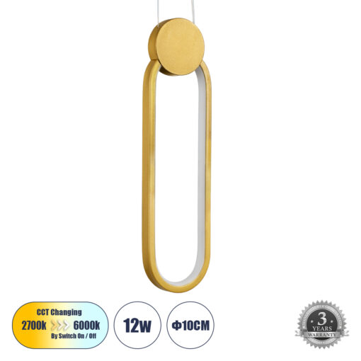 GloboStar® GLOBOSTAR® ILDI 61090 Μοντέρνο Κρεμαστό Φωτιστικό Οροφής LED 12W 1440lm 300° AC 220-240V IP20 Ρυθμιζόμενο Λευκό CCT με On/Off 2700K/4500K/6000K - Lumileds SMD Chip - Χρυσό Βούρτσας - Μ10 x Π2.3 x Υ38cm - 3 Χρόνια Εγγύηση