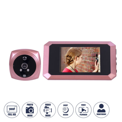 GloboStar® GloboStar® 86064 Επαναφορτιζόμενη Ψηφιακή Έξυπνη Camera Εξώπορτας 90° Μοιρών με Έγχρωμη Οθόνη 4.1" Inches - USB - Νυχτερινή Όραση με LED IR - Κουδούνι - Ροζ