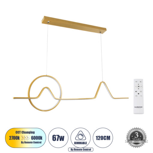 GloboStar® GLOBOSTAR® WINDY 61293 Μοντέρνο Κρεμαστό Φωτιστικό Οροφής LED 67W 7504lm 300° AC 220-240V IP20 Ρυθμιζόμενο Λευκό CCT με Χειριστήριο από 2700K έως 6000K Dimmable - Lumileds SMD Chip - Χρυσό Βούρτσας - Μ120 x Π4 x Υ30cm - 3 Χρόνια Εγγύηση