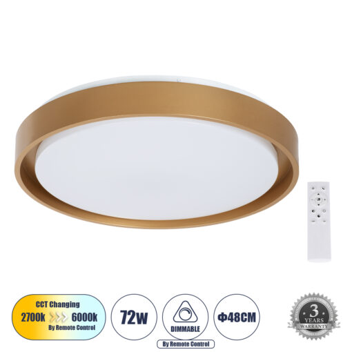 GloboStar® GloboStar® BARCHETTA 61399-S Πλαφονιέρα Οροφής LED CCT 72W 8306lm 120° AC 220-240V - Εναλλαγή Φωτισμού μέσω Τηλεχειριστηρίου All In One Ψυχρό 6000k+Φυσικό 4500k+Θερμό 2700k Dimmable Φ48cm - Χρυσό - 3 Years Warranty