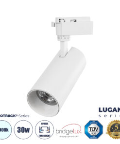 GloboStar® GloboStar® LUGANO 60812 Μονοφασικό Φωτιστικό Σποτ Ράγας LED 30W 3900lm 36° Acrylic HQ LENS AC 220-240V IP20 Φ7.5 x Υ22.7cm Ψυχρό Λευκό 6000K - EUROTRACK® System 1L+1N - Λευκό - Bridgelux Chip - TÜV Certified Driver - 5 Χρόνια Εγγύηση