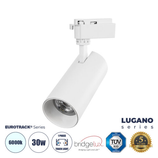 GloboStar® GloboStar® LUGANO 60812 Μονοφασικό Φωτιστικό Σποτ Ράγας LED 30W 3900lm 36° Acrylic HQ LENS AC 220-240V IP20 Φ7.5 x Υ22.7cm Ψυχρό Λευκό 6000K - EUROTRACK® System 1L+1N - Λευκό - Bridgelux Chip - TÜV Certified Driver - 5 Χρόνια Εγγύηση