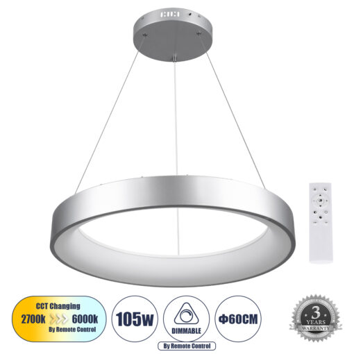 GloboStar® GLOBOSTAR® SALEM 61246 Μοντέρνο Κρεμαστό Φωτιστικό Οροφής LED 105W 12075lm 120° AC 220-240V IP20 Ρυθμιζόμενο Λευκό CCT με Χειριστήριο από 2700K έως 6000K Dimmable - Lumileds SMD Chip - Ασημί - Μ60 x Π60 x Υ7cm - 3 Χρόνια Εγγύηση