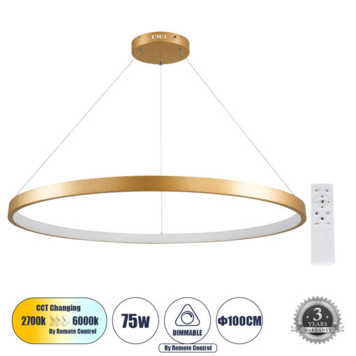 GloboStar® GLOBOSTAR® NEMESIS 61166 Μοντέρνο Κρεμαστό Φωτιστικό Οροφής LED 75W 8743lm 360° AC 220-240V IP20 Ρυθμιζόμενο Λευκό CCT με Χειριστήριο από 2700K έως 6000K Dimmable - Lumileds SMD Chip - Χρυσό Βούρτσας - Μ100 x Π100 x Υ4cm - 3 Χρόνια Εγγύηση