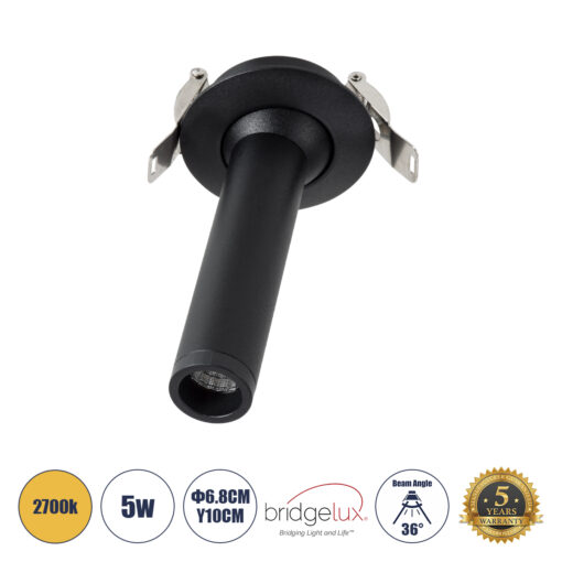 GloboStar® GloboStar® DALE 60371 Χωνευτό LED Κινούμενο Spot Downlight TrimLess Φ6.4cm 5W 500lm 36° AC 220-240V IP20 Φ6.8cm x Υ10cm - Στρόγγυλο - Μαύρο - Θερμό Λευκό 2700K - Bridgelux COB - TÜV Certified Driver - 5 Years Warranty