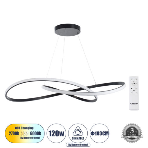 GloboStar® GLOBOSTAR® DEXTER 60917 Μοντέρνο Κρεμαστό Φωτιστικό Οροφής LED 120W 13440lm 300° AC 220-240V IP20 Ρυθμιζόμενο Λευκό CCT με Χειριστήριο από 2700K έως 6000K Dimmable - Lumileds SMD Chip - Μαύρο - Μ103 x Π103 x Υ22cm - 3 Χρόνια Εγγύηση