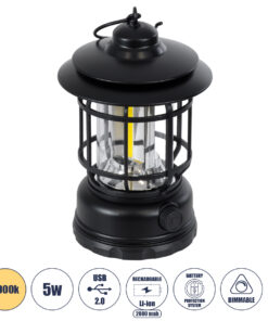 GloboStar® GloboStar® 85692 Αυτόνομο Επαναφορτιζόμενο Φανάρι Camping LED 5W USB 2.0 με Επαναφορτιζόμενη Μπαταρία 1 x 18650 2000mAh Li-ion - IP20 - Dimmable - Μαύρο με Διάφανο Γυαλί - Θερμό Λευκό 3000K Φ12 x Υ17cm