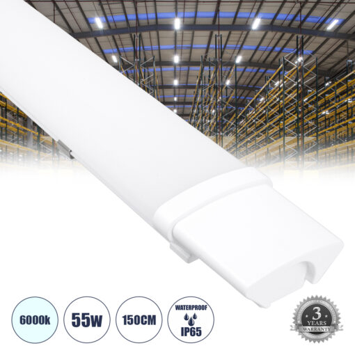 GloboStar® GloboStar® 60167 LED Γραμμικό Βιομηχανικό Φωτιστικό Tri-Proof 150cm 55W 6224lm 120° AC 220-240V Αδιάβροχο IP65 Μ150 x Π6 x Υ4cm Ψυχρό Λευκό 6000K - 3 Χρόνια Εγγύηση