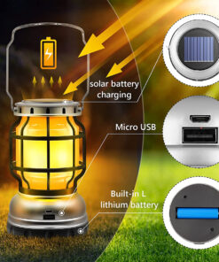 GloboStar® 69931 Αυτόνομο Ηλιακό Επαναφορτιζόμενο Φανάρι Camping LED 5W με Εναλλαγή Χρωμάτων Flame Effect & Επαναφορτιζόμενη Μπαταρία 18650 1200mAh Li-ion - Power Bank - Αδιάβροχο IP54 - Dimmable - Μαύρο Ασημί - Flame Effect 1800K - Ψυχρό Λευκό 6000K Φ10. 27 69931 12