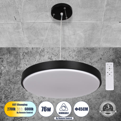 GloboStar® GLOBOSTAR® CASPER 61019 Μοντέρνο Κρεμαστό Φωτιστικό Οροφής LED 76W 8372lm 120° AC 220-240V IP20 Ρυθμιζόμενο Λευκό CCT με Χειριστήριο από 2700K έως 6000K Dimmable - Lumileds SMD Chip - Μαυρό - Μ45 x Π45 x Υ5.5cm - 3 Χρόνια Εγγύηση