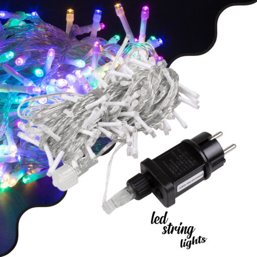 GloboStar® 85835 Διακοσμητική Γιρλάντα 13 Μέτρα με Controller 8 Προγραμμάτων Εναλλαγών Φωτισμού - Επεκτεινόμενη 100 LED 3.6W AC 230V με Διάφανο Καλώδιο & Πρίζα Schuko Αδιάβροχη IP44 RGB Μ13m