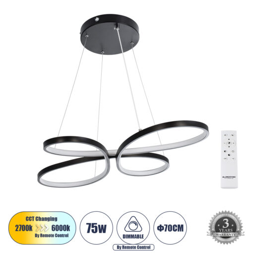GloboStar® GLOBOSTAR® BUTTERFLY 61391 Μοντέρνο Κρεμαστό Φωτιστικό Οροφής LED 75W 8400lm 300° AC 220-240V IP20 Ρυθμιζόμενο Λευκό CCT με Χειριστήριο από 2700K έως 6000K Dimmable - Lumileds SMD Chip - Μαύρο - Μ70 x Π55 x Υ4cm - 3 Χρόνια Εγγύηση