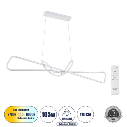 GloboStar® GLOBOSTAR® DOLORES 61280 Μοντέρνο Κρεμαστό Φωτιστικό Οροφής LED 105W 11760lm 300° AC 220-240V IP20 Ρυθμιζόμενο Λευκό CCT με Χειριστήριο από 2700K έως 6000K Dimmable - Lumileds SMD Chip - Λευκό - Μ110 x Π17 x Υ17.5cm - 3 Χρόνια Εγγύηση