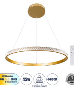 GloboStar® GLOBOSTAR® DIAMOND 61131 Μοντέρνο Κρεμαστό Φωτιστικό Οροφής LED 45W 5230lm 360° AC 220-240V IP20 Ρυθμιζόμενο Λευκό CCT με Χειριστήριο από 2700K έως 6000K Dimmable - Lumileds SMD Chip - Χρυσό Βούρτσας - Μ60 x Π60 x Υ3cm - 3 Χρόνια Εγγύηση