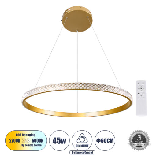 GloboStar® GLOBOSTAR® DIAMOND 61131 Μοντέρνο Κρεμαστό Φωτιστικό Οροφής LED 45W 5230lm 360° AC 220-240V IP20 Ρυθμιζόμενο Λευκό CCT με Χειριστήριο από 2700K έως 6000K Dimmable - Lumileds SMD Chip - Χρυσό Βούρτσας - Μ60 x Π60 x Υ3cm - 3 Χρόνια Εγγύηση