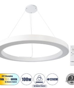 GloboStar® GLOBOSTAR® RA 61199 Μοντέρνο Κρεμαστό Φωτιστικό Οροφής LED 100W 11020lm 120° AC 220-240V IP20 Ρυθμιζόμενο Λευκό CCT με Χειριστήριο από 2700K έως 6000K Dimmable - Lumileds SMD Chip - Λευκό - Μ120 x Π120 x Υ8cm - 3 Χρόνια Εγγύηση