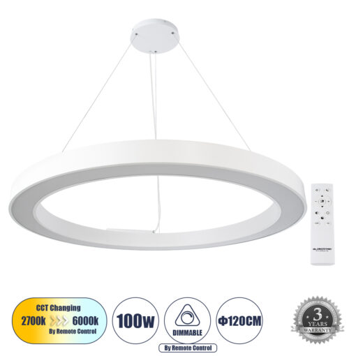 GloboStar® GLOBOSTAR® RA 61199 Μοντέρνο Κρεμαστό Φωτιστικό Οροφής LED 100W 11020lm 120° AC 220-240V IP20 Ρυθμιζόμενο Λευκό CCT με Χειριστήριο από 2700K έως 6000K Dimmable - Lumileds SMD Chip - Λευκό - Μ120 x Π120 x Υ8cm - 3 Χρόνια Εγγύηση