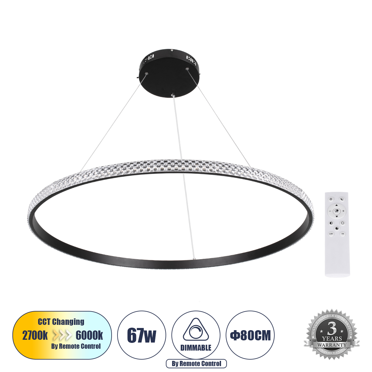 GLOBOSTAR® DIAMOND 61132 Μοντέρνο Κρεμαστό Φωτιστικό Οροφής LED 67W 7689lm 360° AC 220-240V IP20 Ρυθμιζόμενο Λευκό CCT με Χειριστήριο από 2700K έως 6000K Dimmable - Lumileds SMD Chip - Μαύρο - Μ80 x Π80 x Υ3cm - 3 Χρόνια Εγγύηση 3 GloboStar® GLOBOSTAR® DIAMOND 61132 Μοντέρνο Κρεμαστό Φωτιστικό Οροφής LED 67W 7689lm 360° AC 220-240V IP20 Ρυθμιζόμενο Λευκό CCT με Χειριστήριο από 2700K έως 6000K Dimmable - Lumileds SMD Chip - Μαύρο - Μ80 x Π80 x Υ3cm - 3 Χρόνια Εγγύηση