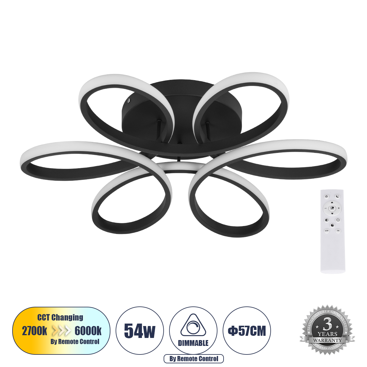 GLOBOSTAR® MARGARET 61400 Μοντέρνο Φωτιστικό Οροφής LED 54W 6210lm 360° AC 220-240V IP20 Ρυθμιζόμενο Λευκό CCT με Χειριστήριο από 2700K έως 6000K Dimmable - Lumileds SMD Chip - Μαύρο Ματ - Μ57 x Π57 x Υ12cm - 3 Χρόνια Εγγύηση 3 GloboStar® GLOBOSTAR® MARGARET 61400 Μοντέρνο Φωτιστικό Οροφής LED 54W 6210lm 360° AC 220-240V IP20 Ρυθμιζόμενο Λευκό CCT με Χειριστήριο από 2700K έως 6000K Dimmable - Lumileds SMD Chip - Μαύρο Ματ - Μ57 x Π57 x Υ12cm - 3 Χρόνια Εγγύηση