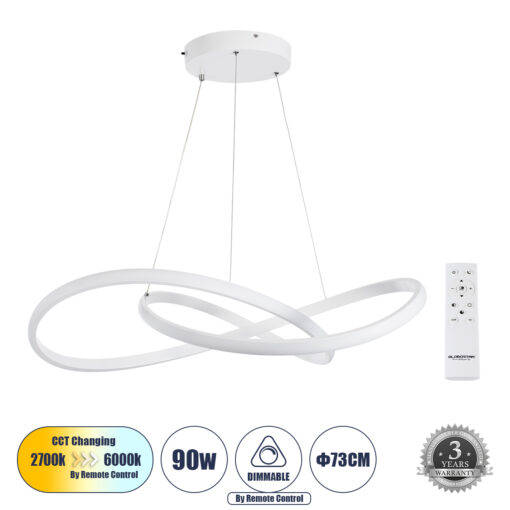 GloboStar® GLOBOSTAR® DEXTER 60914 Μοντέρνο Κρεμαστό Φωτιστικό Οροφής LED 90W 10080lm 300° AC 220-240V IP20 Ρυθμιζόμενο Λευκό CCT με Χειριστήριο από 2700K έως 6000K Dimmable - Lumileds SMD Chip - Λευκό - Μ73 x Π73 x Υ16cm - 3 Χρόνια Εγγύηση