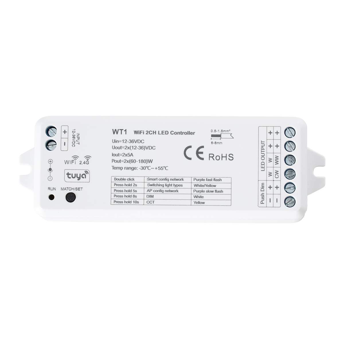 GloboStar® 71468 WT1 SKYDANCE DC WiFi & RF 2.4Ghz Dimmer High Speed Controller 2 Καναλιών DC 12-36V 2 x 5A 180W - Max 10A 180W - IP20 Μ11.5 x Π3.5 x Υ2cm - 5 Years Warranty 4 GloboStar® 71468 WT1 SKYDANCE DC WiFi & RF 2.4Ghz Dimmer High Speed Controller 2 Καναλιών DC 12-36V 2 x 5A 180W - Max 10A 180W - IP20 Μ11.5 x Π3.5 x Υ2cm - 5 Years Warranty - Image 2
