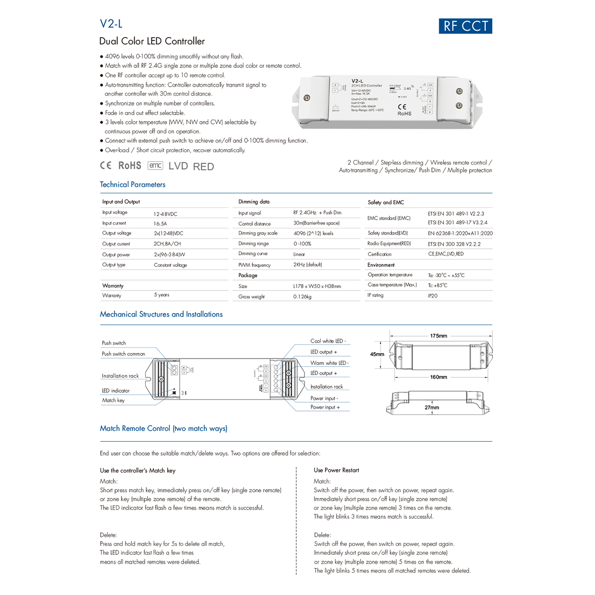 GloboStar® 71565 V2-L SKYDANCE DC RF 2.4Ghz Dimmer High Speed Controller & Push Dimming 2 Κανάλια DC 12-48V 2 x 8A 384W - Max 16.5A 384W - IP20 Μ17.5 x Π4.5 x Υ2.5cm - 5 Years Warranty 10 GloboStar® 71565 V2-L SKYDANCE DC RF 2.4Ghz Dimmer High Speed Controller & Push Dimming 2 Κανάλια DC 12-48V 2 x 8A 384W - Max 16.5A 384W - IP20 Μ17.5 x Π4.5 x Υ2.5cm - 5 Years Warranty - Image 8