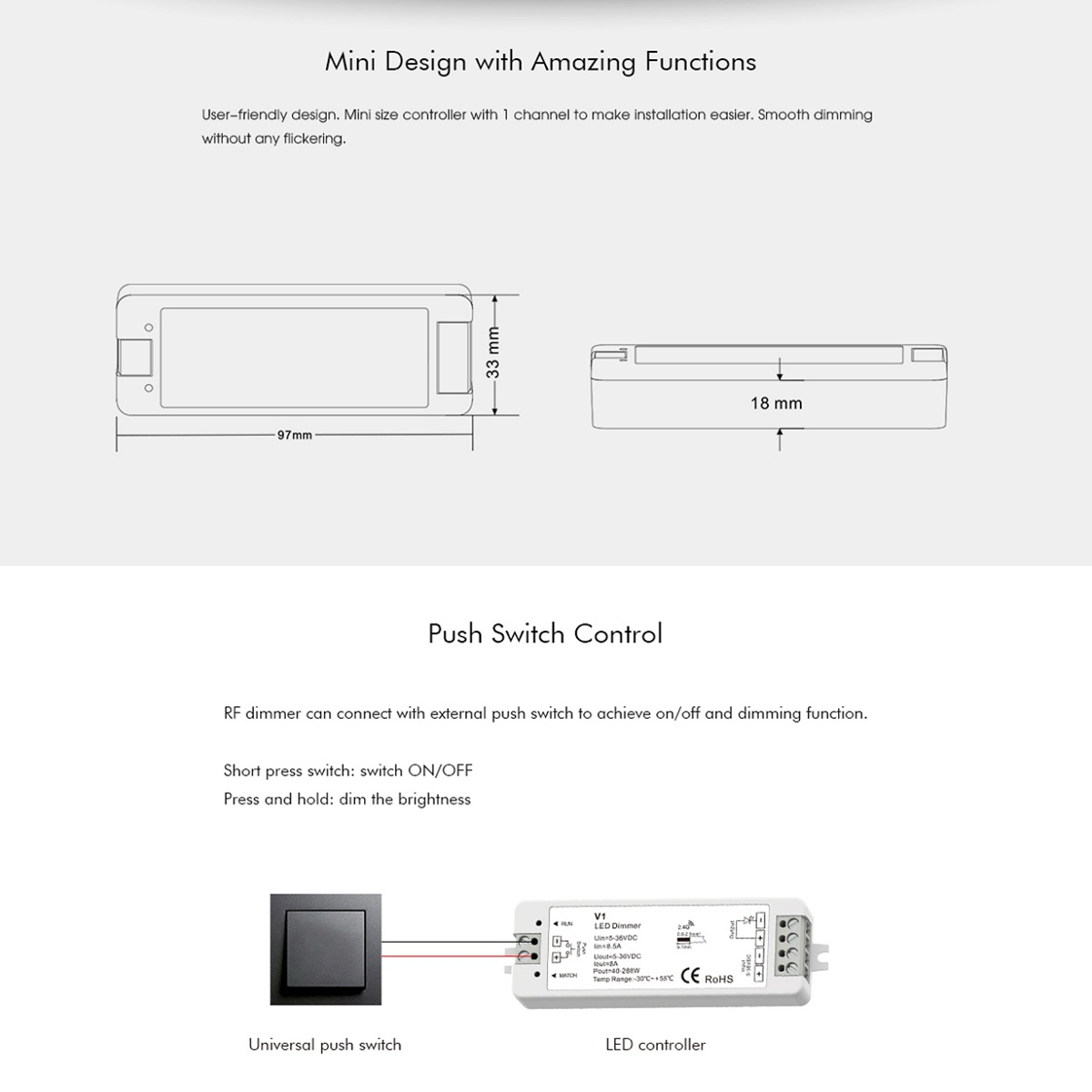 GLOBOSTAR® SKYDANCE-V1 71567 DC RF 2.4Ghz & Push Dimmer / Controller με 1 x 8A 288W Κανάλι DC 5-36V 8A 288W Max IP20 - RF 2.4Ghz & Push Dimming - Μ10 x Π3.5 x Υ2cm - 5 Χρόνια Εγγύηση 11 GLOBOSTAR® SKYDANCE-V1 71567 DC RF 2.4Ghz & Push Dimmer / Controller με 1 x 8A 288W Κανάλι DC 5-36V 8A 288W Max IP20 - RF 2.4Ghz & Push Dimming - Μ10 x Π3.5 x Υ2cm - 5 Χρόνια Εγγύηση - Image 9
