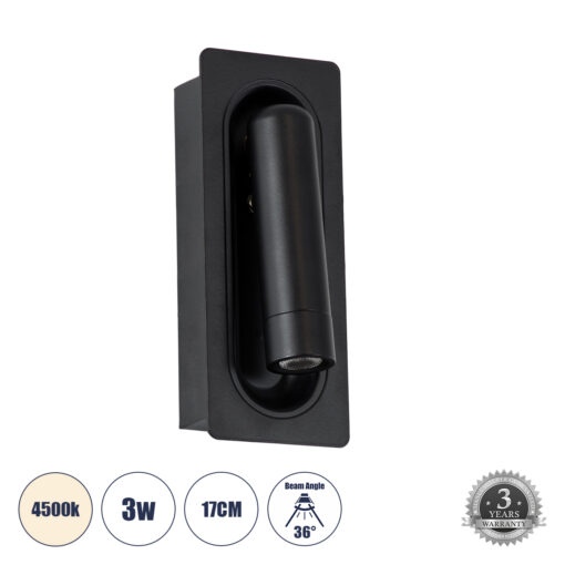 GloboStar® GloboStar® MANHATTAN 61097 Μοντέρνο Χωνευτό Φωτιστικό Τοίχου - Απλίκα Ξενοδοχείου Bed Side LED 3W 405lm 36° AC 220-240V - Reading Light - Μ7 x Π7 x Υ17cm - Φυσικό Λευκό 4500K - Μαύρο