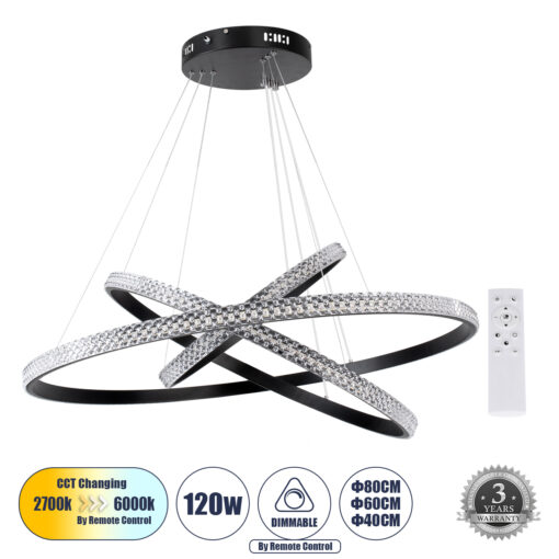 GloboStar® GLOBOSTAR® DIAMOND TRIO 61138-DECO Μοντέρνο Κρεμαστό Φωτιστικό Οροφής LED 120W 14723lm 360° AC 220-240V IP20 Ρυθμιζόμενο Λευκό CCT με Χειριστήριο από 2700K έως 6000K Dimmable - Lumileds SMD Chip - Μαύρο - Μ80 x Π80 x Υ90cm - 3 Χρόνια Εγγύηση