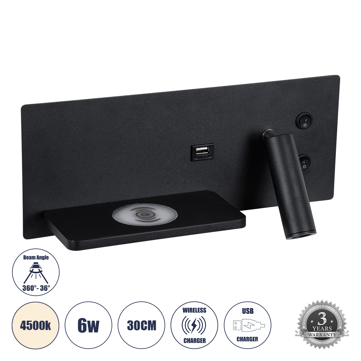 GloboStar® PALADIN 61351 Μοντέρνο Φωτιστικό Τοίχου - Απλίκα Ξενοδοχείου Bed Side LED 6W 720lm 36° AC 220-240V - Reading Light & Κρυφός Φωτισμός - Φορτιστές USB 3A & Wireless 20W - Μ30 x Π11 x Υ12cm - Φυσικό Λευκό 4500K - Μαύρο - Αριστερό 3 GloboStar® GloboStar® PALADIN 61351 Μοντέρνο Φωτιστικό Τοίχου - Απλίκα Ξενοδοχείου Bed Side LED 6W 720lm 36° AC 220-240V - Reading Light & Κρυφός Φωτισμός - Φορτιστές USB 3A & Wireless 20W - Μ30 x Π11 x Υ12cm - Φυσικό Λευκό 4500K - Μαύρο - Αριστερό