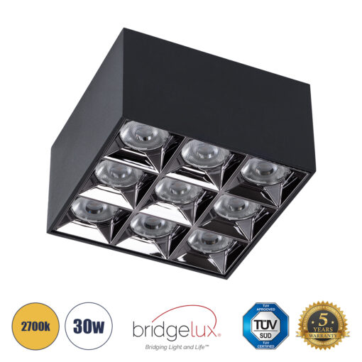 GloboStar® GloboStar® LUMINAR SUPERIOR 60337 Επιφανειακό LED Spot Downlight TrimLess 30W 4050lm 36° AC 220-240V IP20 Μ12 x Π12 x Υ6.6cm - Μαύρο με Κάτοπτρο Χρωμίου - Θερμό Λευκό 2700K - Bridgelux High Lumen Chip Gen2 - TÜV Certified Driver - 5 Years Warranty