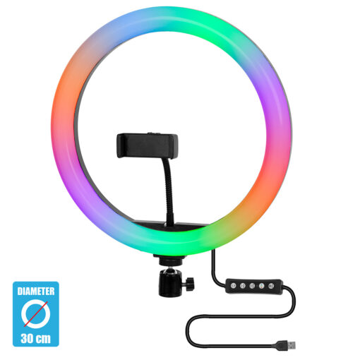 GloboStar® GloboStar® 75802 Professional Digital Ring Light Φ30cm LED SMD 40W 4000lm 180° DC 5V με Καλώδιο Τροφοδοσίας USB - Ενσωματωμένο Χειριστήριο Εναλλαγής Χρωμάτων & 1 Βάση Τηλεφώνου - Πολύχρωμο RGBW+WW Dimmable