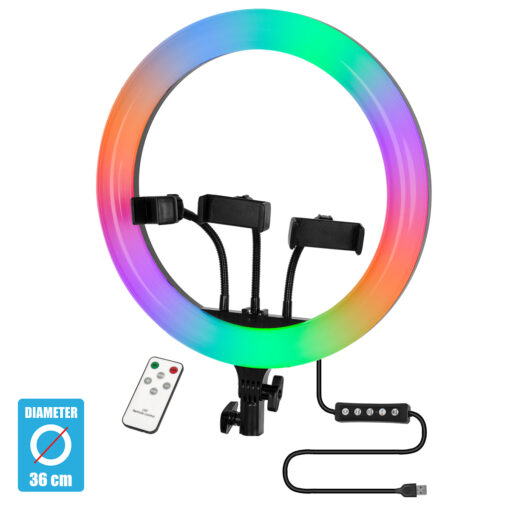 GloboStar® GloboStar® 75803 Professional Digital Ring Light Φ36cm LED SMD 50W 5000lm 180° DC 5V με Καλώδιο Τροφοδοσίας USB - Ενσωματωμένο και Ασύρματο Χειριστήριο RF 2.4Ghz Εναλλαγής Χρωμάτων & 3 Βάσεις Τηλεφώνου - Πολύχρωμο RGBW+WW Dimmable