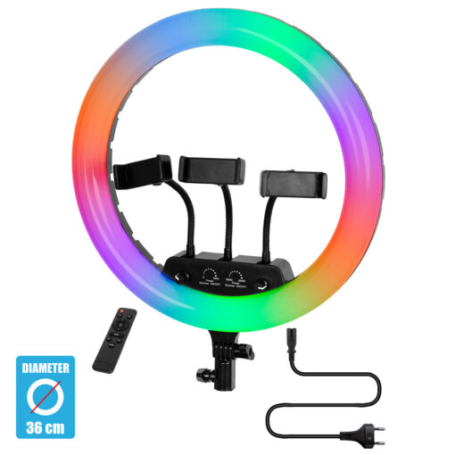 GloboStar® GloboStar® 75804 Professional Digital Ring Light Φ36cm LED SMD 50W 5000lm 180° AC 230V με Καλώδιο Τροφοδοσίας Πρίζας - Ασύρματο Χειριστήριο RF 2.4Ghz Εναλλαγής Χρωμάτων & 3 Βάσεις Τηλεφώνου - Πολύχρωμο RGBW+WW Dimmable
